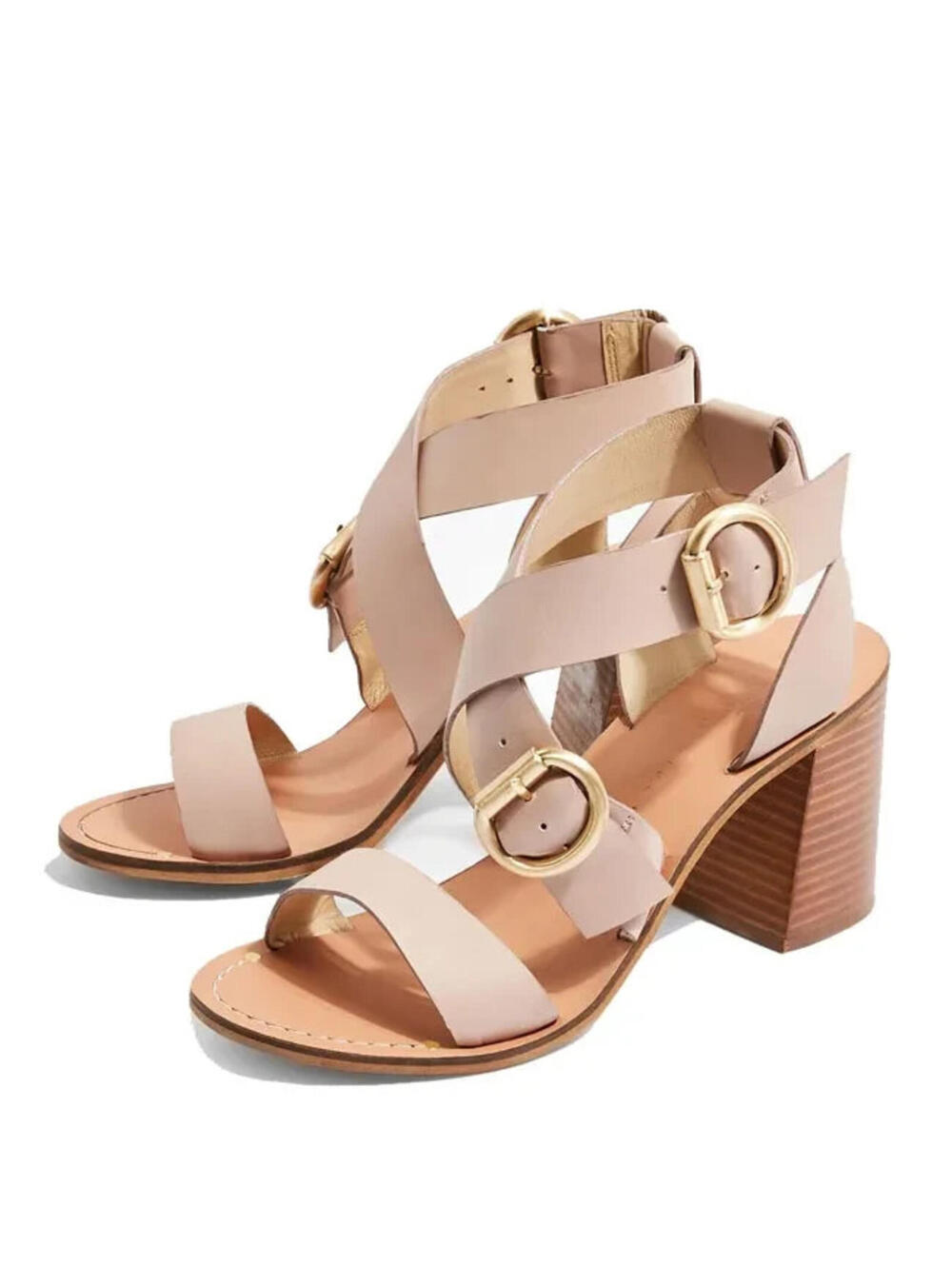 Topshop Nude Blush Leather Block Heel Sandals w/ Gold Buckles Size 36/5.5